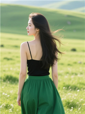 绿色草地飘逸长发美女写真图片